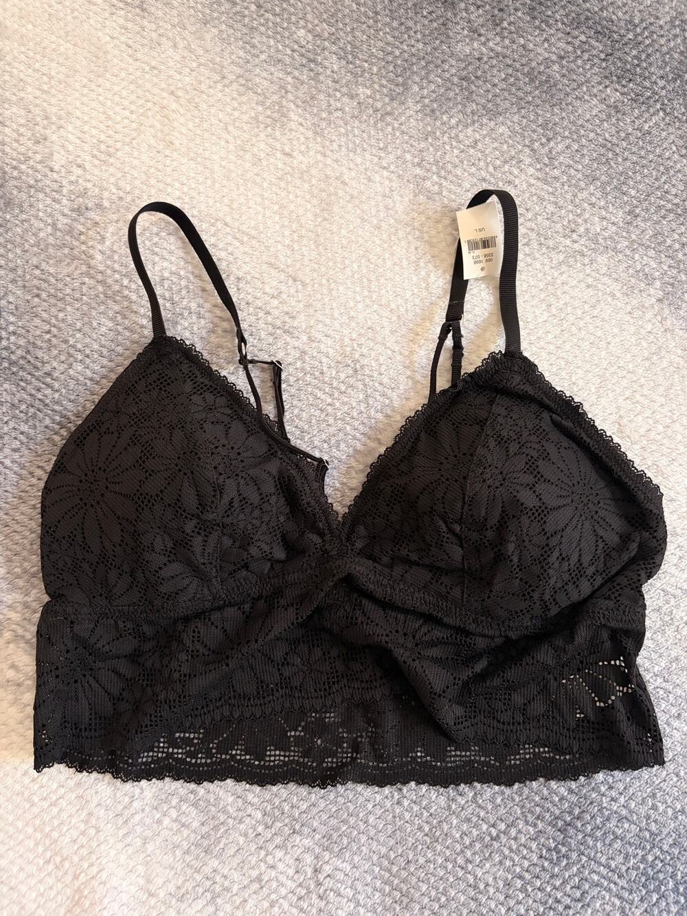 Aerie Black Lace Longline Bralette Large Padded Strappy Back Floral Coquette 90s